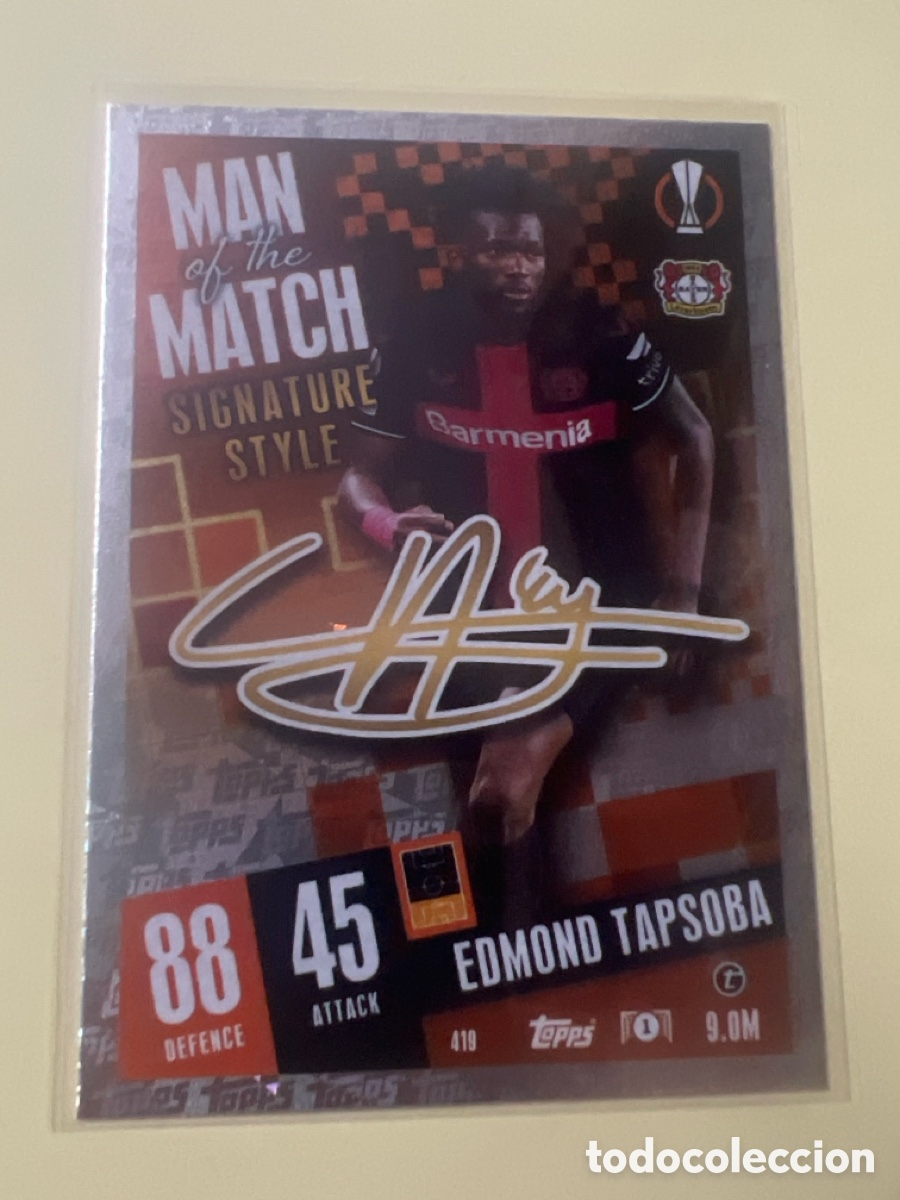 Cromos de f&uacute;tbol: C2724. 419 Edmond Tapsoba Man of the Match Signature Style Bayer Leverkusen Match Attax 23 24