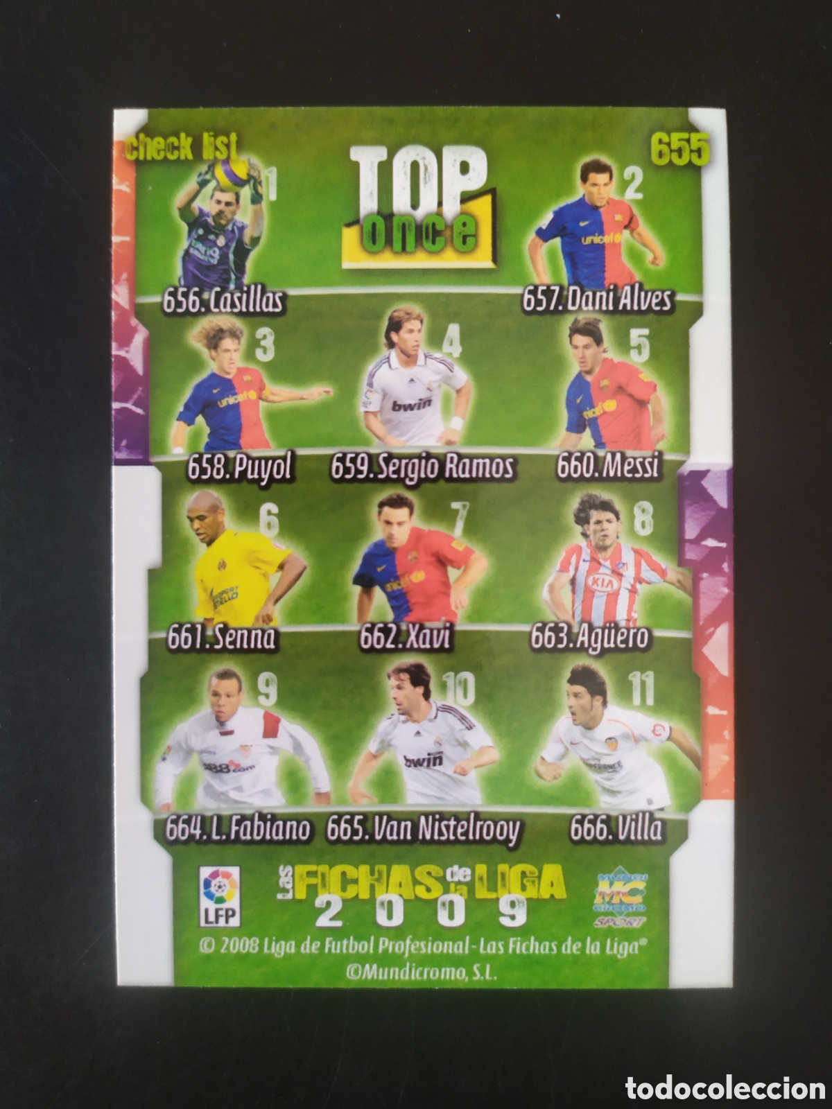 Cromos de f&uacute;tbol: Mundicromo fichas Liga 2008 2009 08 09 check list TOP once &iacute;ndice ficha + II n&deg; 655