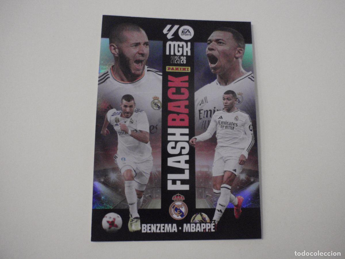 Football Stickers: 425 BENZEMA - MBAPPE FLASHBACK. Trading card MGK Megacracks LA LIGA 2025 2026 Panini. 25 26