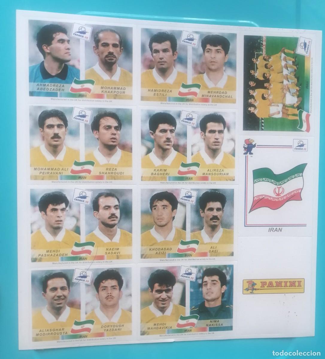 Fu&szlig;ball-Sticker: Equipo IRAN para el Album Panini Francia 98. Incluye Cromo Escudo en Brillante/Foil/Badge