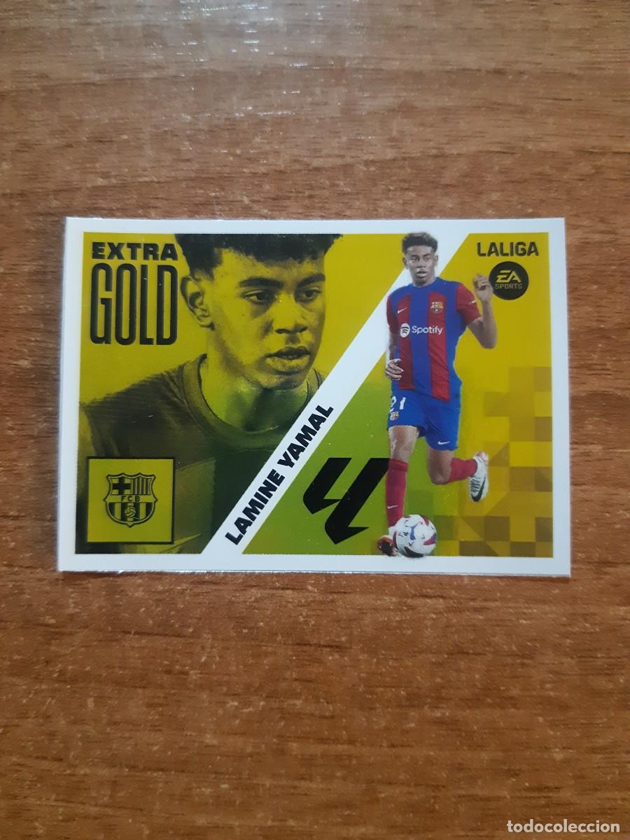 Cromos de f&uacute;tbol: LAMINE YAMAL BARCELONA EXTRA GOLD ROOKIE VERSI&Oacute;N CORREGIDO LIGA ESTE 23-24 PANINI. NUEVO