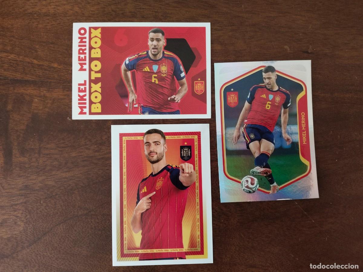 Cromos de f&uacute;tbol: 3 de Mikel Merino. Mundial 2026. 41, 42 y 70.