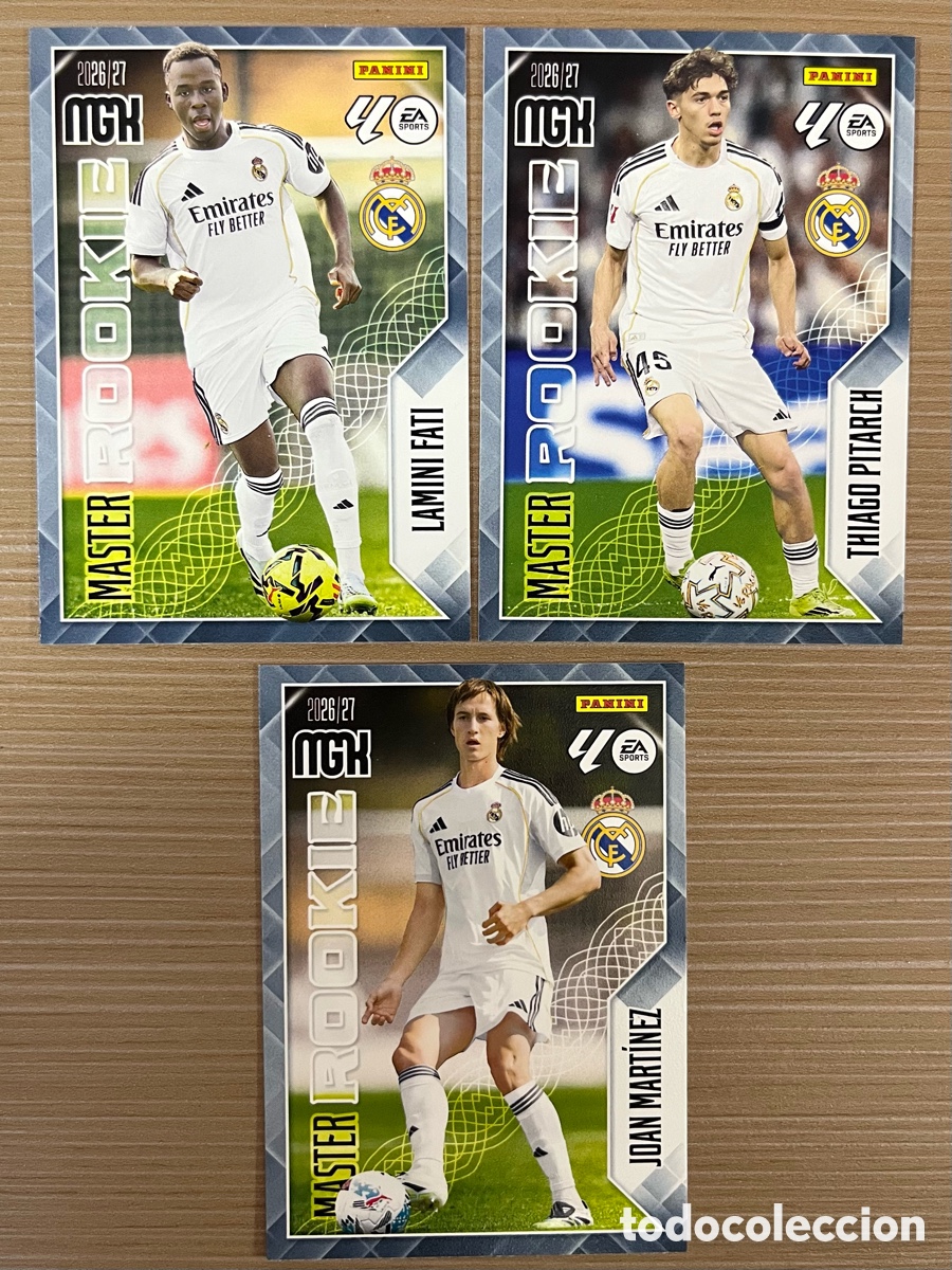 Cromos de f&uacute;tbol: Lote Master Rookies Real Madrid Megacracks 2026-27 (Pitarch, Joan & Lamini Fati)