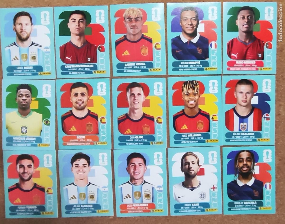 Cartes &agrave; collectionner de Football: FIFA WORLD CUP 2026 LOTE DE 15 STICKERS MESSI/MBAPPE/LAMINE YAMAL/CRISTIANO/VINICIUS/HAALAND ETC...