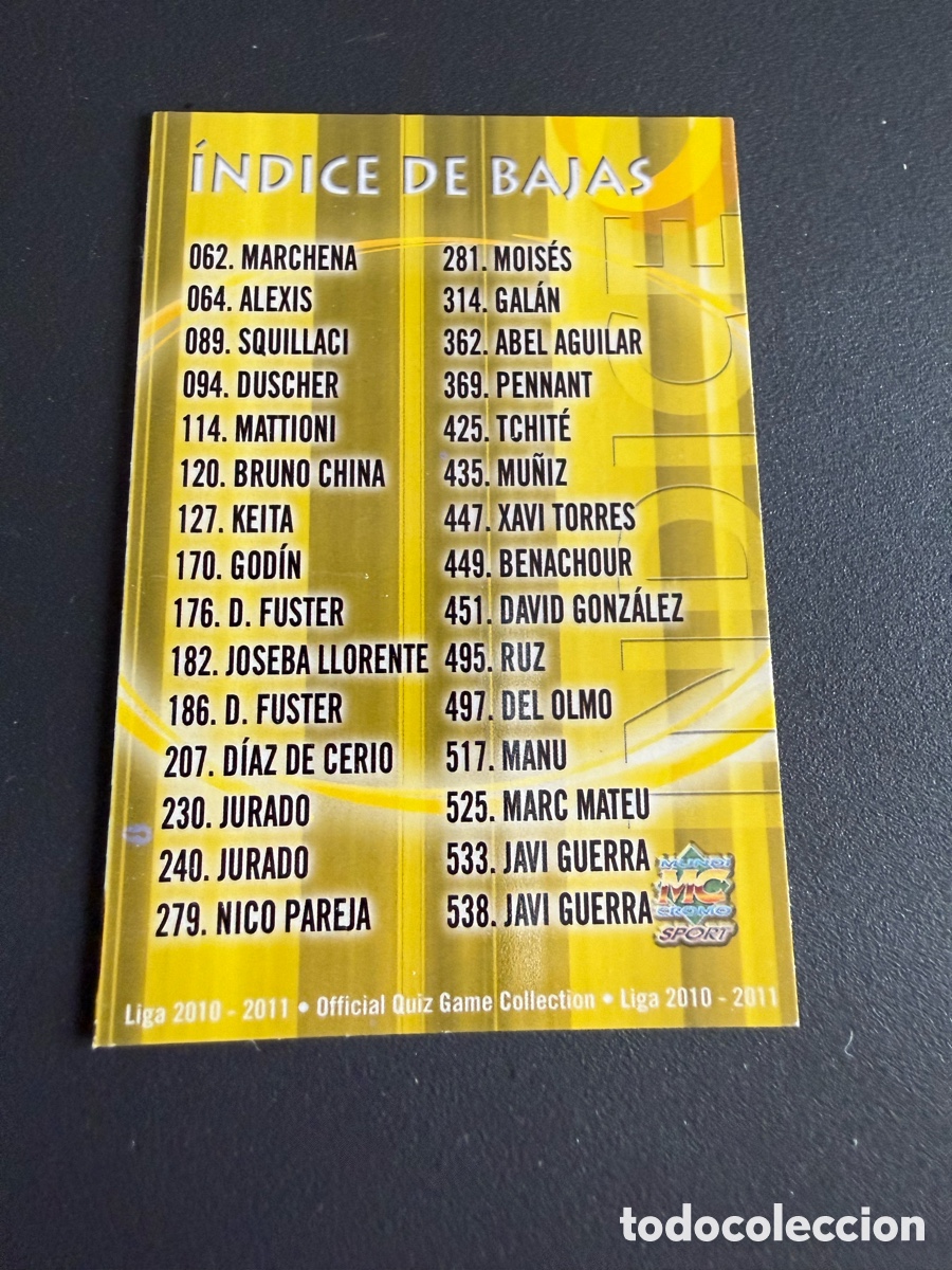 Cromos de f&uacute;tbol: MUNDICROMO 2011. 641 &Iacute;NDICE DE BAJAS
