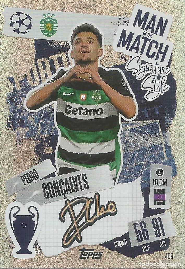 Cromos de f&uacute;tbol: Carta Match Attax 2024 / 2025 24 25 - Pedro Gon&ccedil;alves - Sporting Portugal - Man Match - 409 - TOPPS