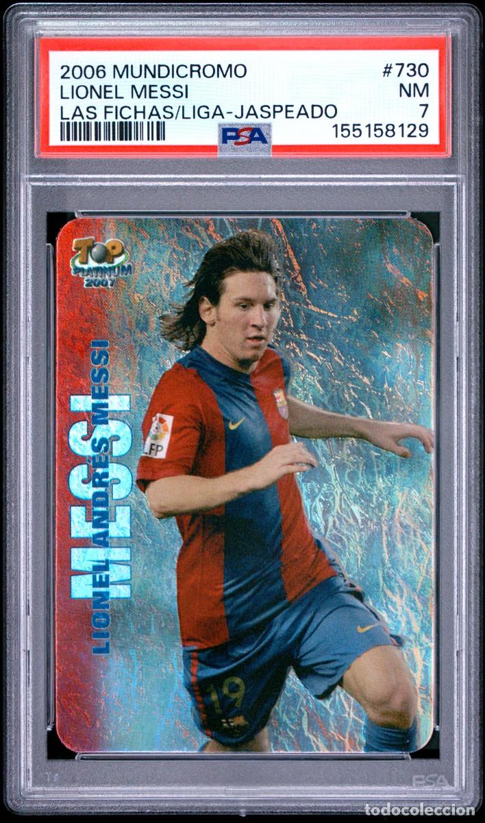 Football Stickers: Messi #730 FC Barcelona Mundicromo Top Platinum Jaspeado 2006 07 PSA 7
