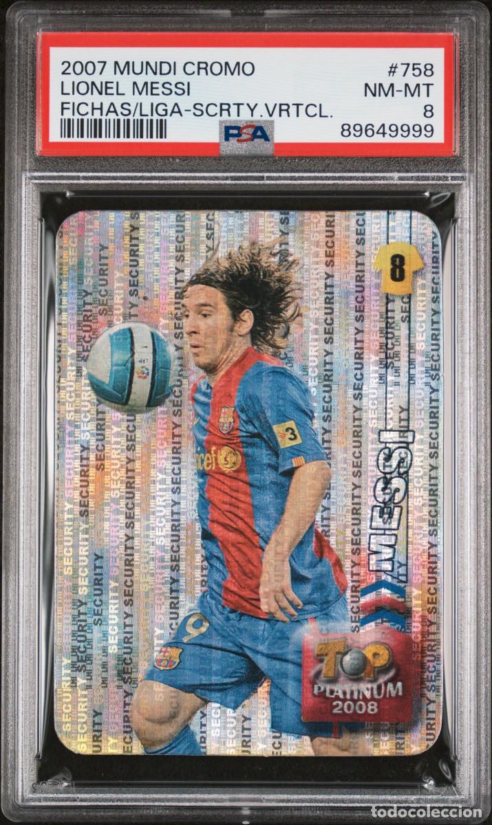Football Stickers: Messi #758 FC Barcelona Mundicromo Top Platinum Security Vertical 2007 08 Psa 8