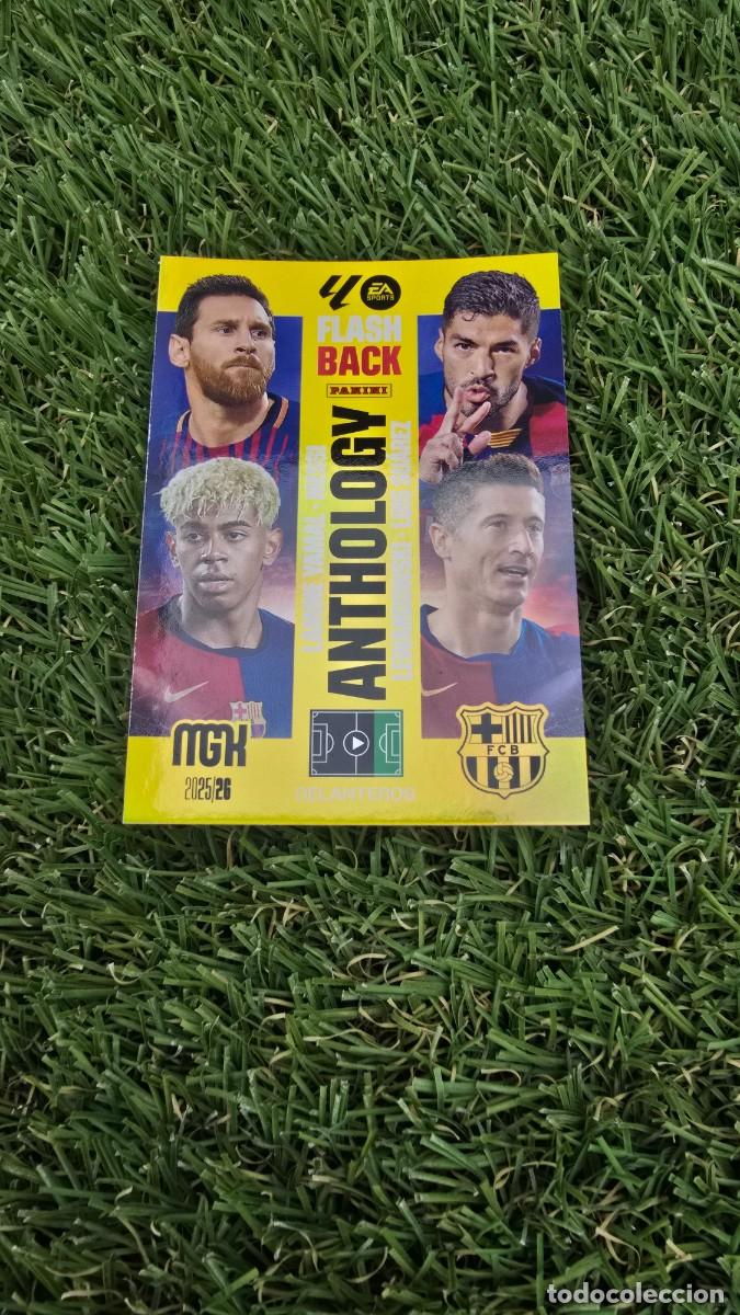 Cromos de f&uacute;tbol: 438 Lamine Yamal Messi Lewandowski Su&aacute;rez Barcelona Flashback Anthology Panini Megacracks 2025 2026