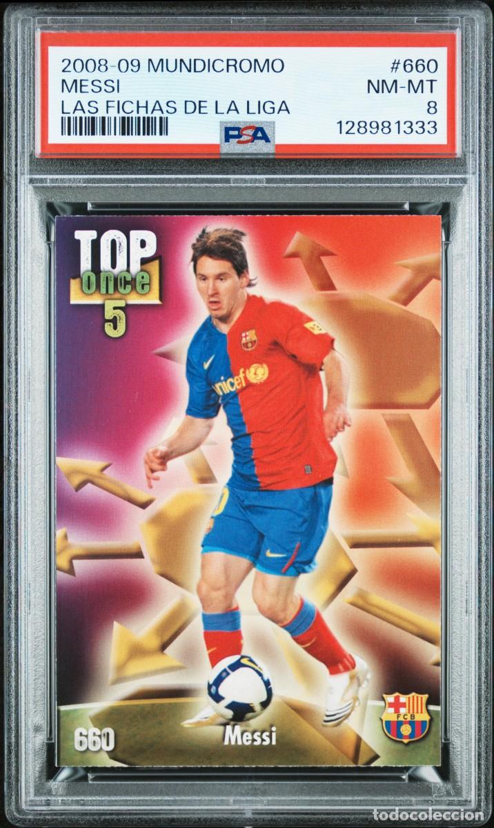 Cromos de f&uacute;tbol: Lionel Messi #660 FC Barcelona Mundicromo Las Fichas de La Liga Top Once 2008 09 Psa 8