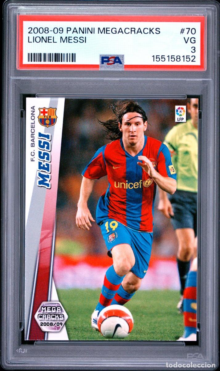 Cromos de f&uacute;tbol: Lionel Messi #70 FC Barcelona Panini Megacracks 2008 09 PSA 3 Se ve Mejor