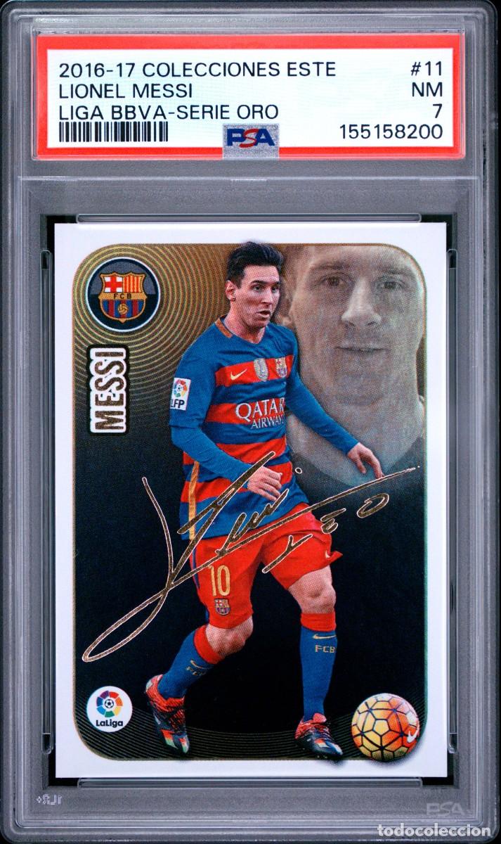 Cromos de f&uacute;tbol: Lionel Messi #11 Serie Oro Autografo FC Barcelona Liga Este 2020 21 Psa 7