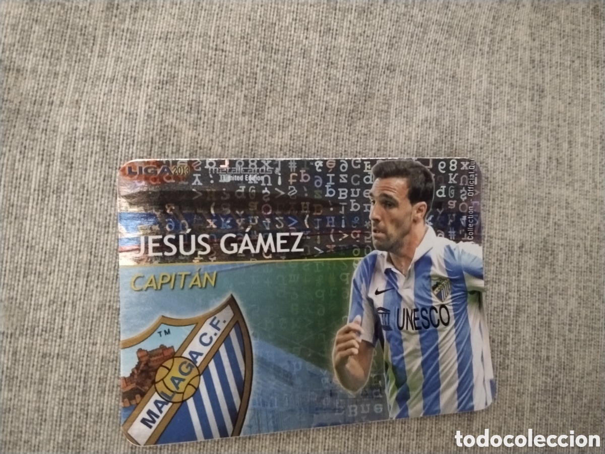 Football Stickers: MUNDICROMO QUIZ GAME LIGA 2013 - METALCARD CAPITAN JESUS GAMEZ - MALAGA CF ( FONDO LETRAS )