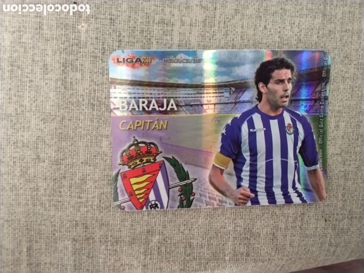Football Stickers: MUNDICROMO QUIZ GAME LIGA 2013 - METALCARD CAPITAN BARAJA-REAL VALLADOLID ( FONDO RAYAS VERTICALES )