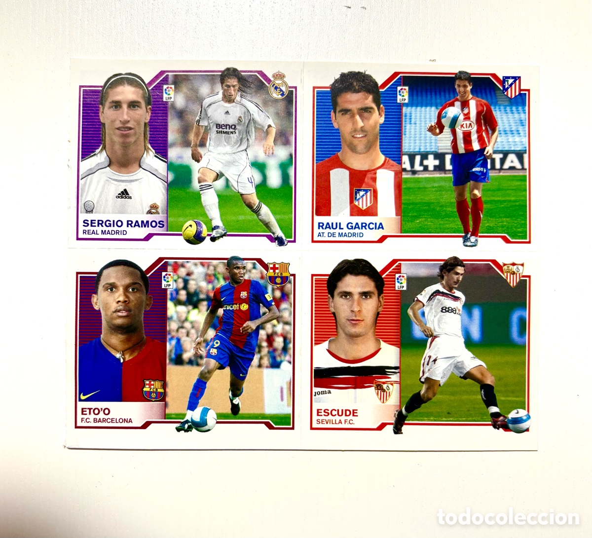 Cromos de f&uacute;tbol: Bloque de 4 Cromos Originales Liga Este 2007/08 (Sergio Ramos, Eto'o, Ra&uacute;l Garc&iacute;a)