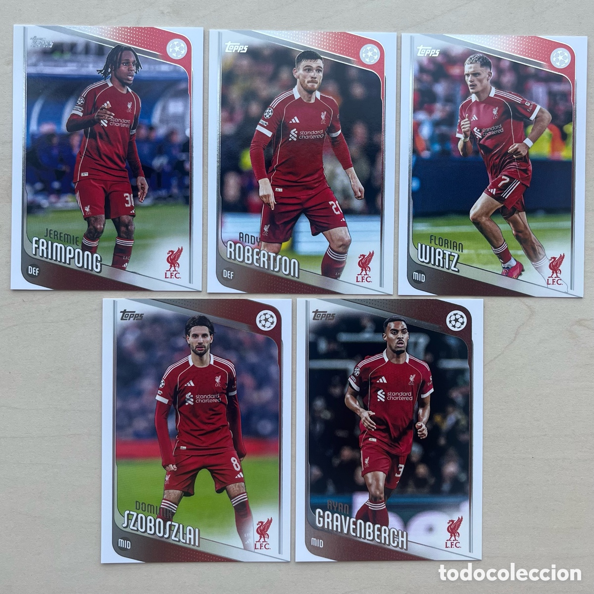 Cromos de f&uacute;tbol: Lote 5 cartas Liverpool Topps Flagship 2025-26