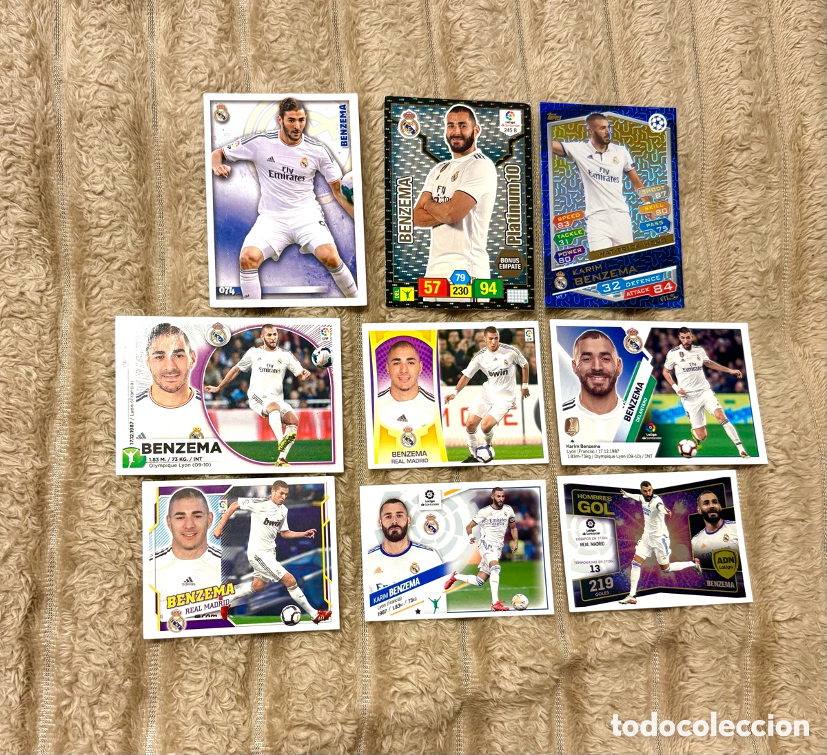Figurine di Calcio: ESPECTACULAR LOTE DE 9 CARTAS CROMOS DE BALON DE ORO BENZEMA REAL MADRID NUNCA PEGADOS