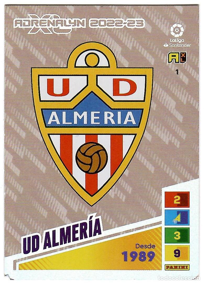 Cromos de f&uacute;tbol: Escudo Almeria, n&ordm; 1: Cromo del album de futbol Adrenalyn 2022-23
