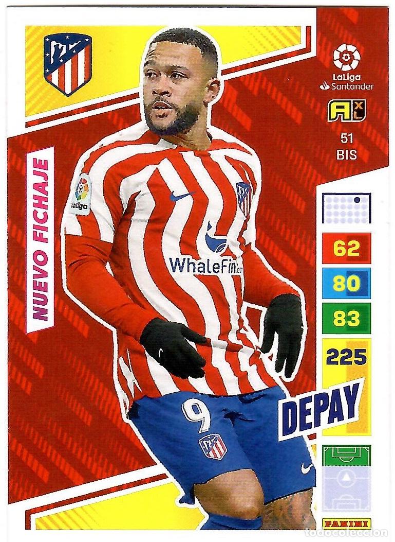 Cromos de f&uacute;tbol: Depay (At. Madrid, Nuevo Fichaje), n&ordm; 51 BIS: Cromo del album de futbol Adrenalyn 2022-23