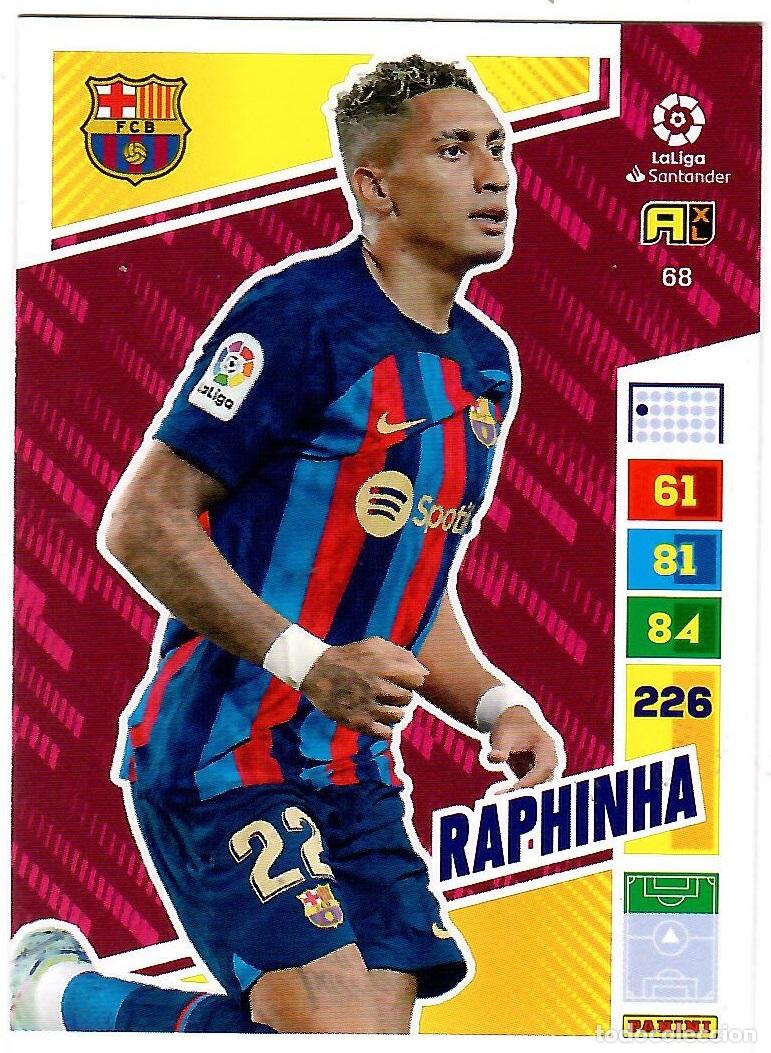 Cromos de f&uacute;tbol: Raphinha (F.C. Barcelona), n&ordm; 68: Cromo del album de futbol Adrenalyn 2022-23