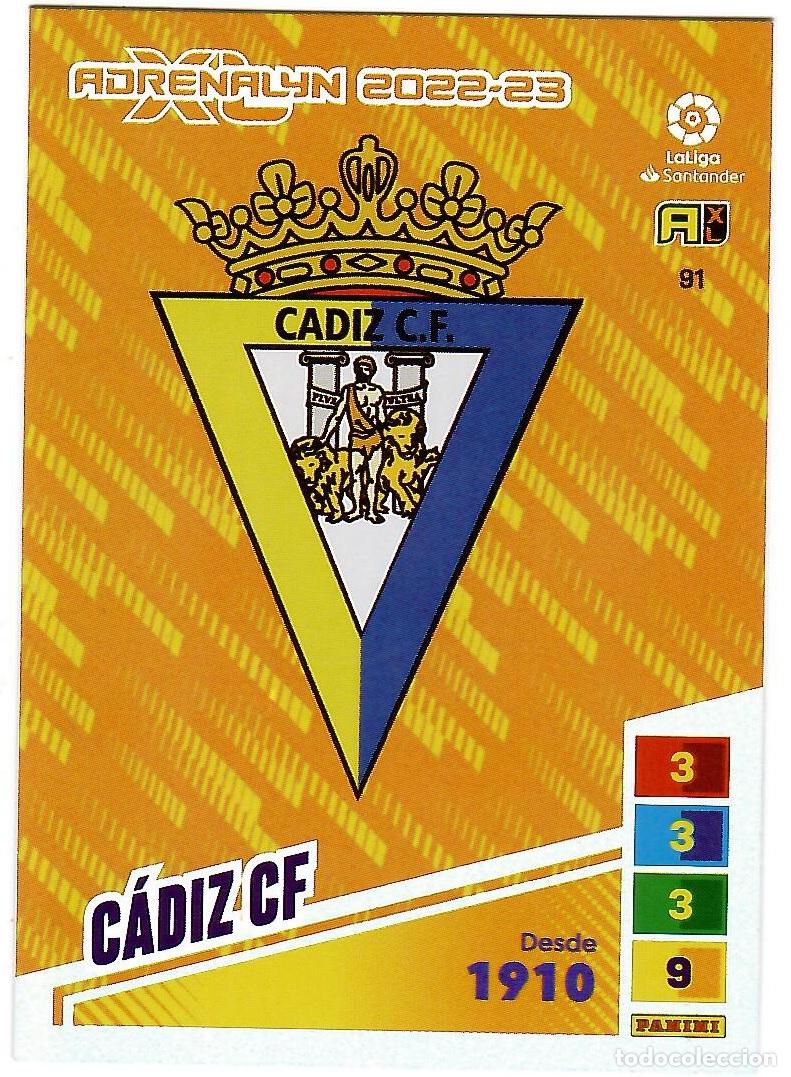 Cromos de f&uacute;tbol: Escudo Cadiz, n&ordm; 91: Cromo del album de futbol Adrenalyn 2022-23