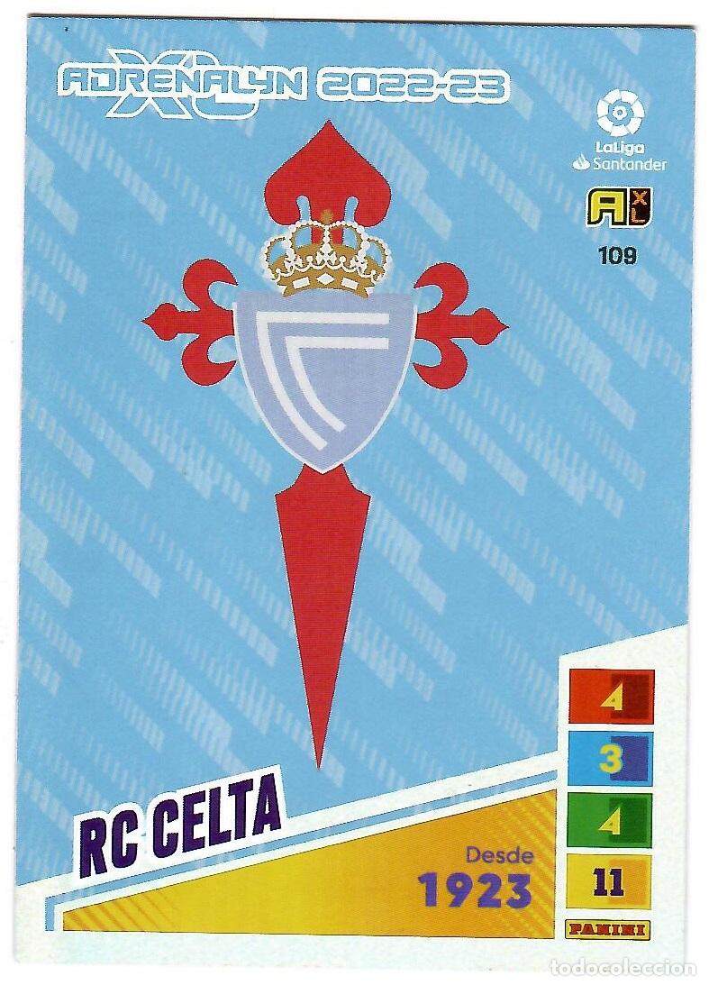 Cromos de f&uacute;tbol: Escudo Celta de Vigo, n&ordm; 109: Cromo del album de futbol Adrenalyn 2022-23