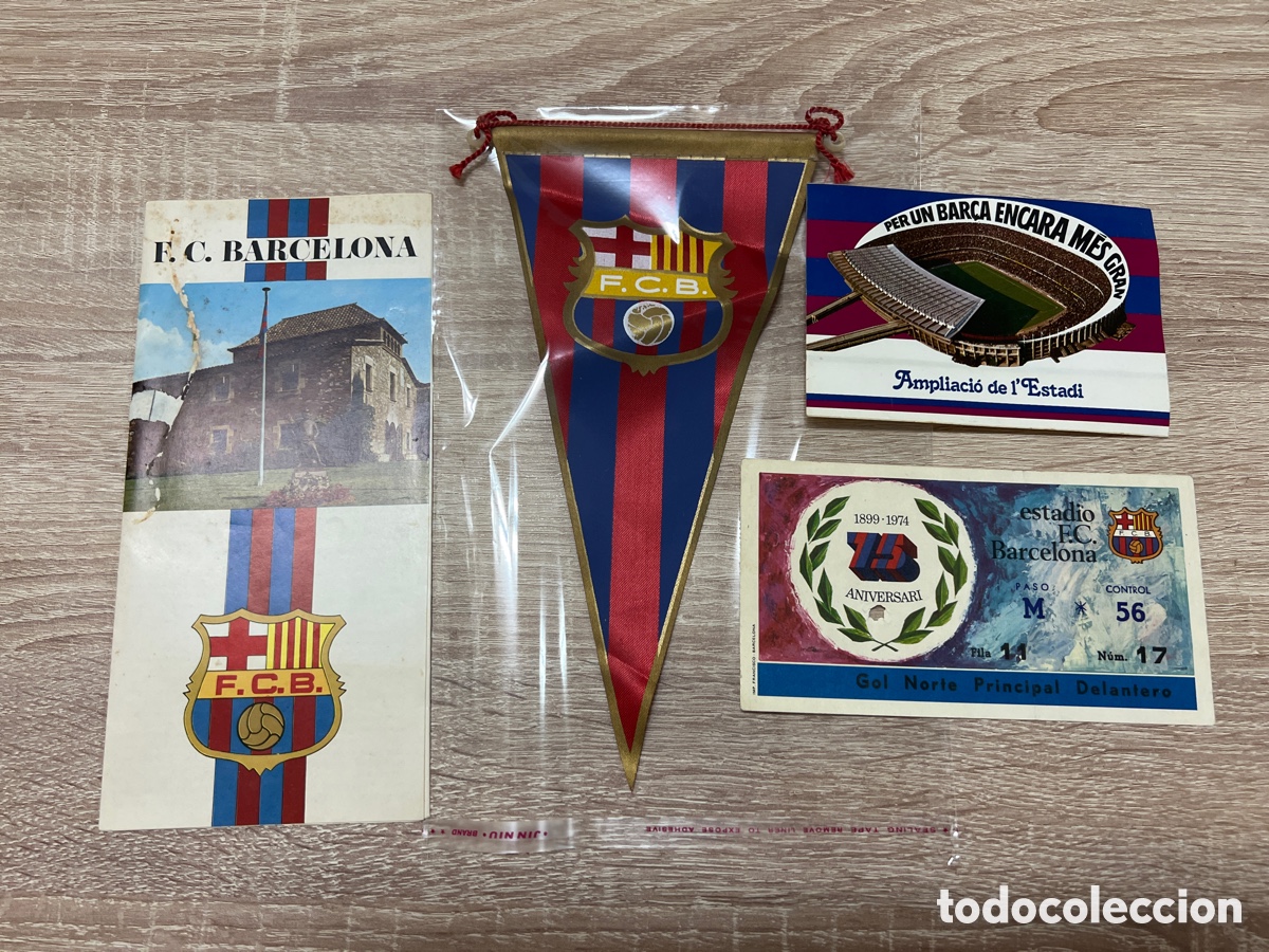 Cromos de f&uacute;tbol: FC BARCELONA LOTE ARTICULOS ENTRADA 75 ANIVERSARIO PEGATINA BANDERIN FOLLETO