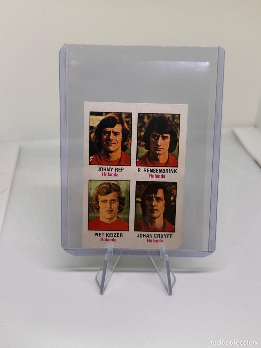 Football Stickers: Panel Johan Cruyff RC Johny Keizer y Rensenbrink Nederland Munich 1974 sin pegar