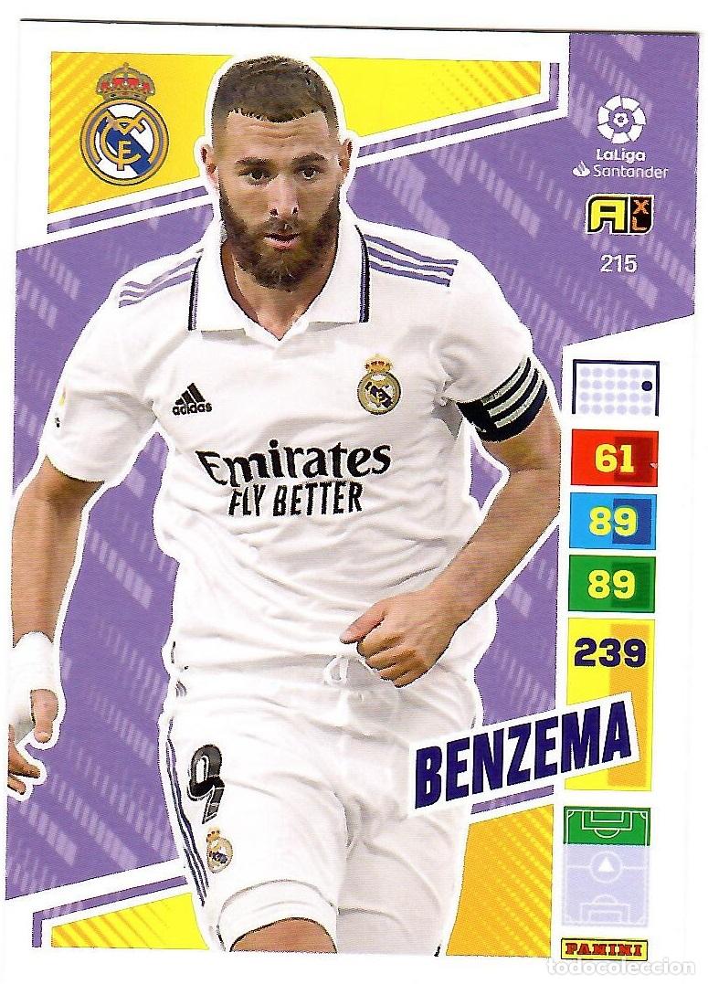 Cromos de f&uacute;tbol: Benzema (R. Madrid), n&ordm; 215: Cromo del album de futbol Adrenalyn 2022-23