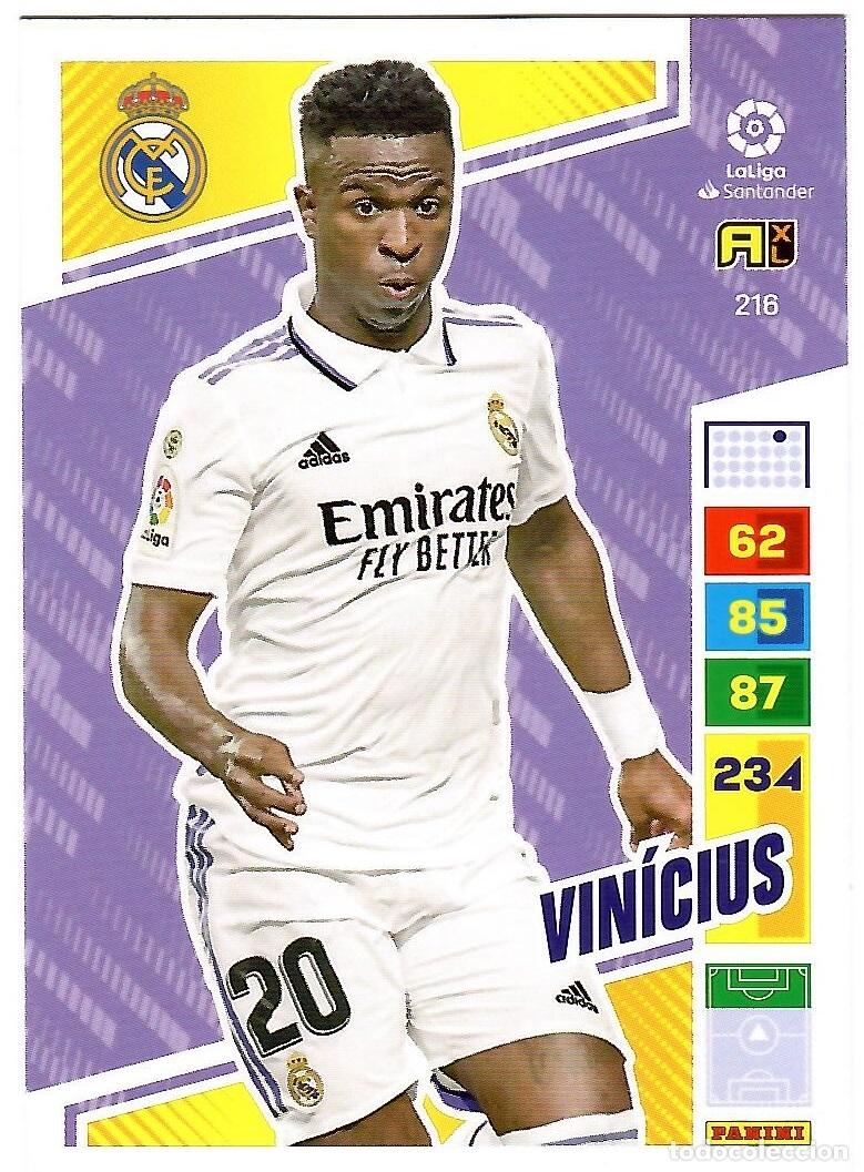 Cromos de f&uacute;tbol: Vinicius (R. Madrid), n&ordm; 216: Cromo del album de futbol Adrenalyn 2022-23