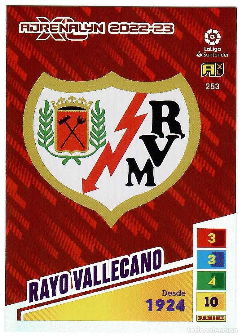 Cromos de f&uacute;tbol: Escudo Rayo Vallecano, n&ordm; 253: Cromo del album de futbol Adrenalyn 2022-23