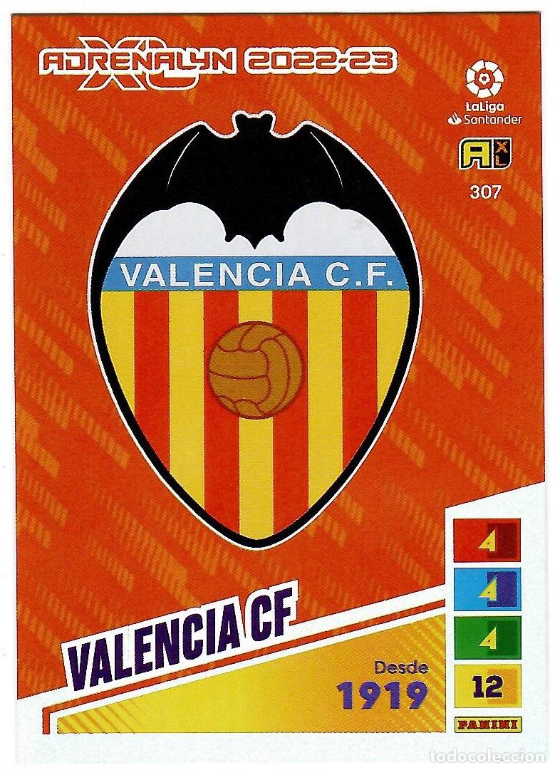Cromos de f&uacute;tbol: Escudo Valencia, n&ordm; 307: Cromo del album de futbol Adrenalyn 2022-23