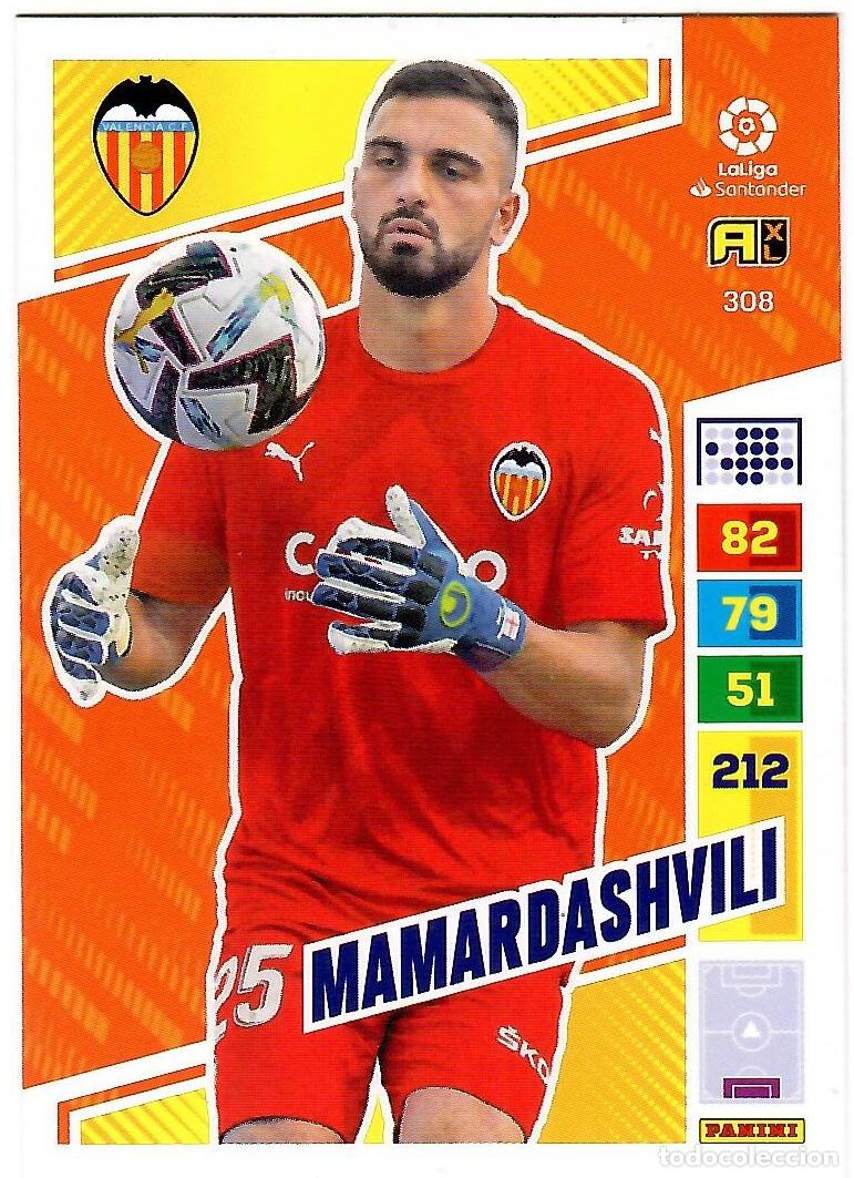 Cromos de f&uacute;tbol: Mamardashvili (Valencia), n&ordm; 308: Cromo del album de futbol Adrenalyn 2022-23