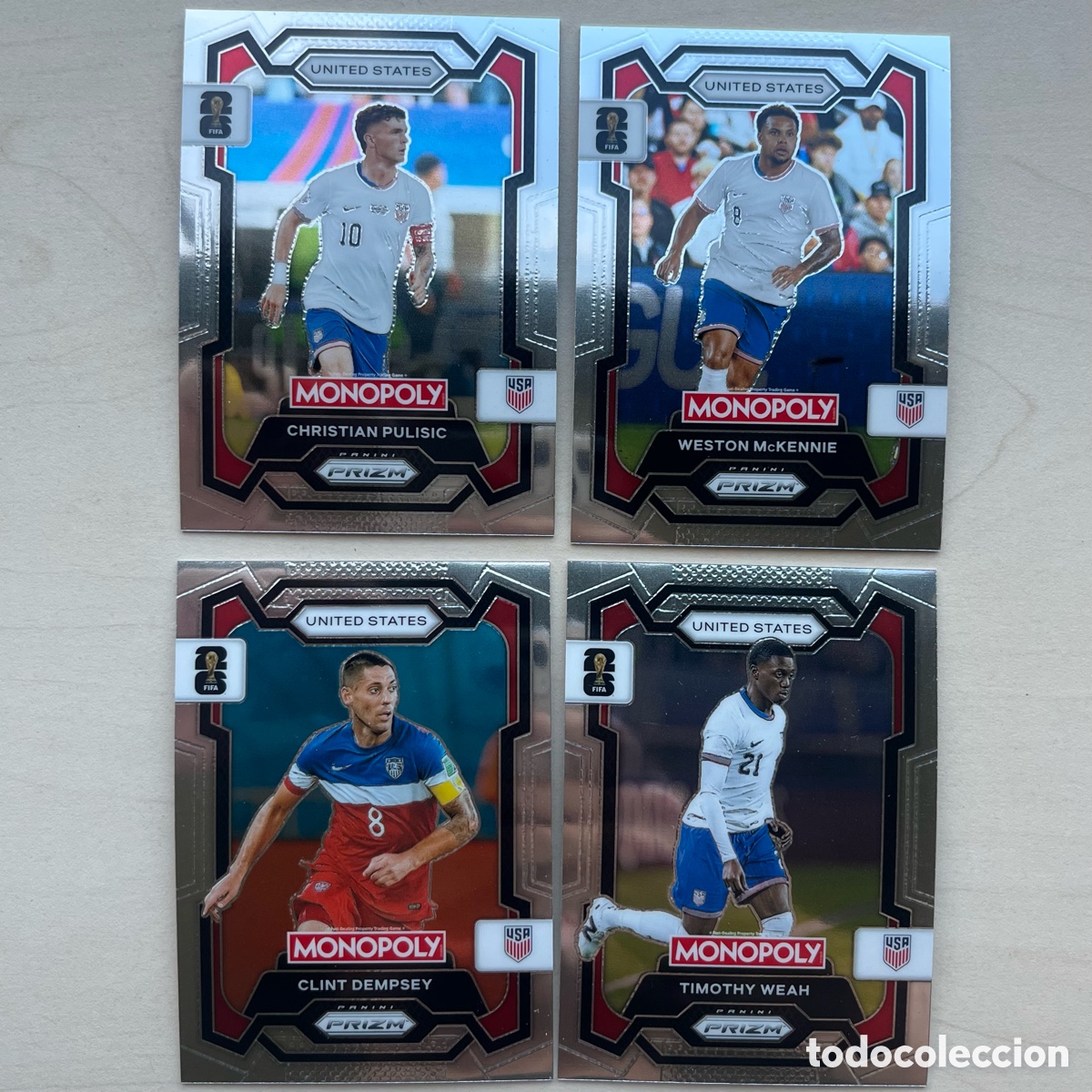 Cromos de f&uacute;tbol: Lote 4 cartas USA Prizm Monopoly Mundial 2026