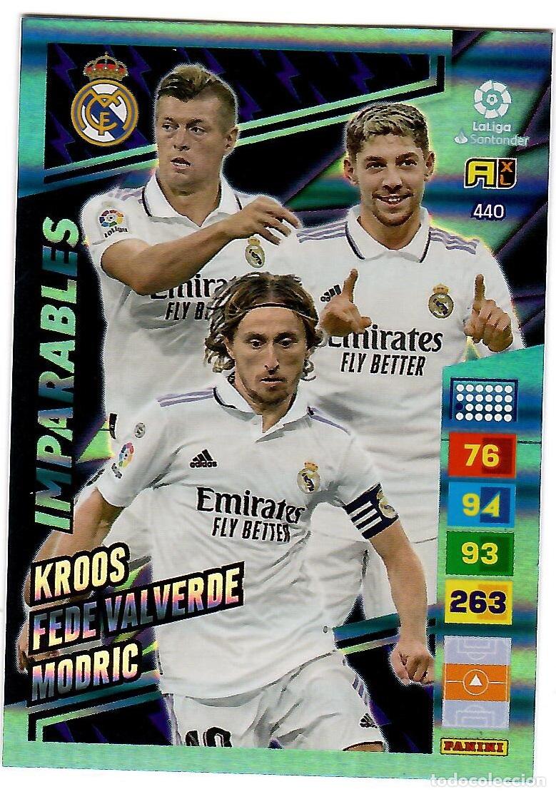 Cromos de f&uacute;tbol: Kroos, Fede Valverde, Modric (Imparables), n&ordm; 440: Cromo del album de futbol Adrenalyn 2022-23