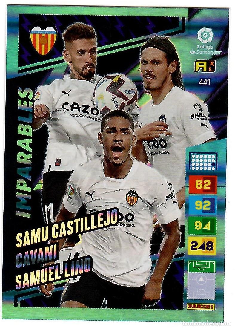 Cromos de f&uacute;tbol: Samu Castillejo, Cavani, Samuel Lino (Imparables), n&ordm; 441: Cromo del album futbol Adrenalyn 2022-23