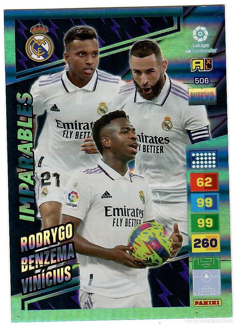 Cromos de f&uacute;tbol: Rodrygo, Benzema, Vinicius (Nuevo Imparables), n&ordm; 506: Cromo del album de futbol Adrenalyn 2022-23