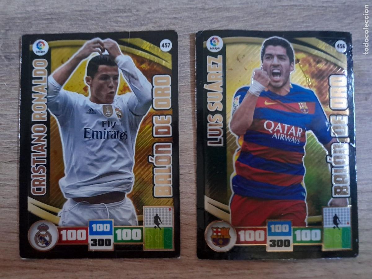 Fu&szlig;ball-Sticker: LOTE DE BAL&Oacute;N DE ORO DE CRISTIANO RONALDO Y LUIS SU&Aacute;REZ, DE ADRENALYN XL 2015-16.