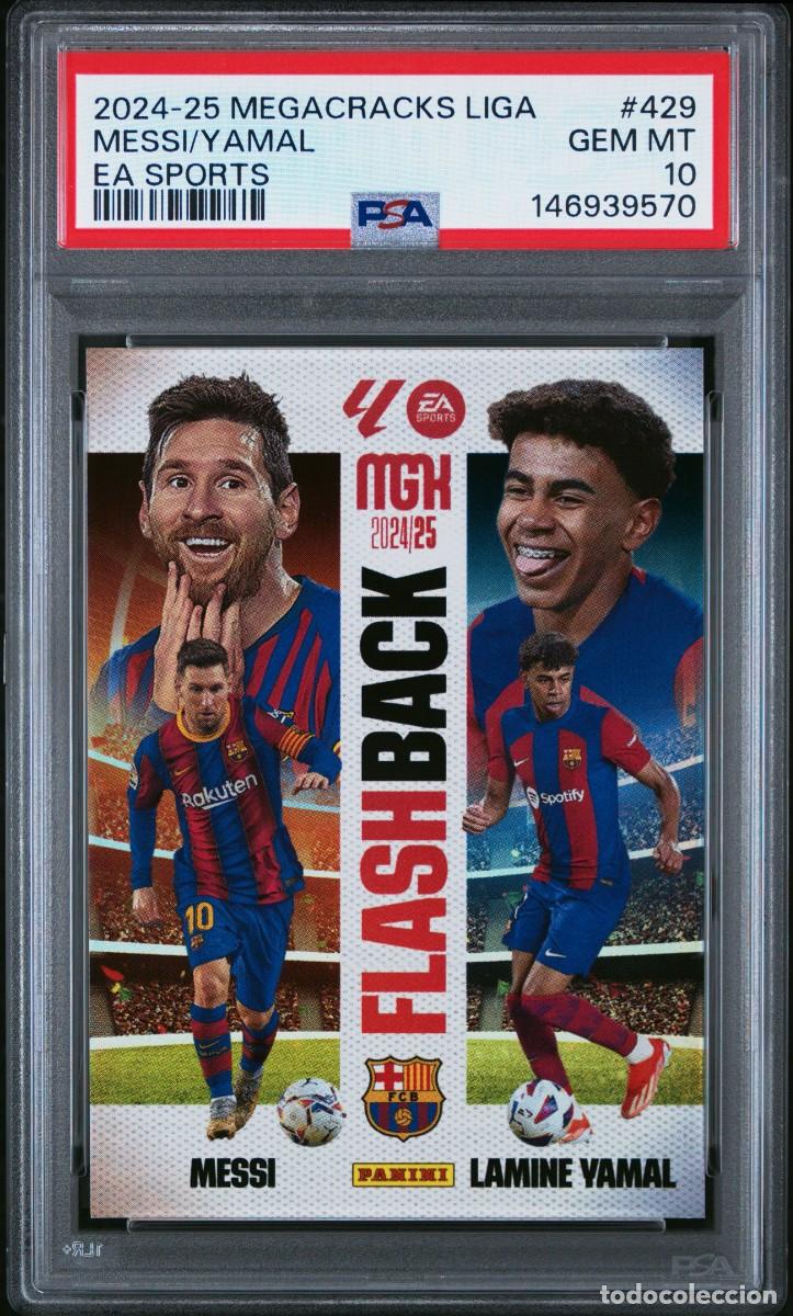 Cromos de f&uacute;tbol: Messi Lamine Yamal #429 Panini Megacracks 2024 2025 Flash Back PSA 10