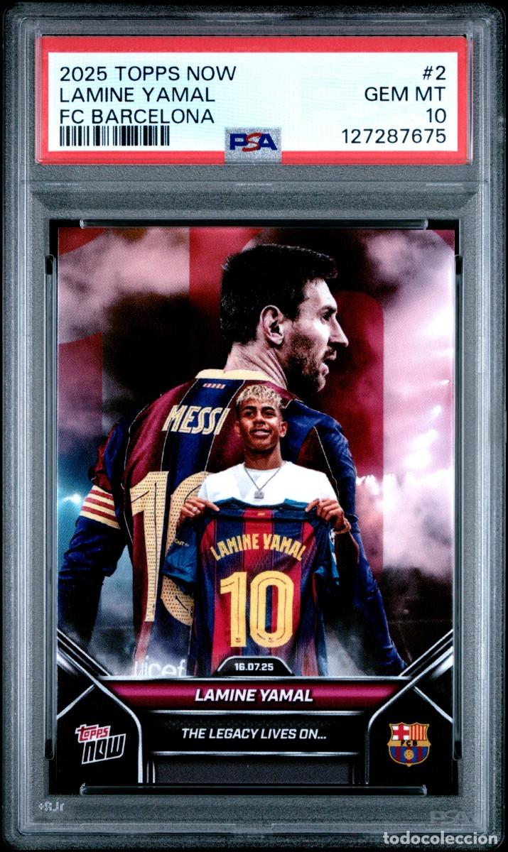Cromos de f&uacute;tbol: Messi Lamine Yamal #2 FC Barcelona Topps Now 2025 PSA 10