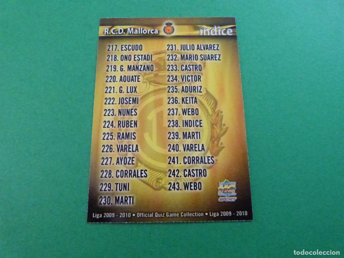 Cromos de f&uacute;tbol: TRADING CARD FUTBOL INDICE R.C.D. MALLORCA N&ordm; 238 FICHAS LIGA MUNDICROMO 2009-2010/09-10