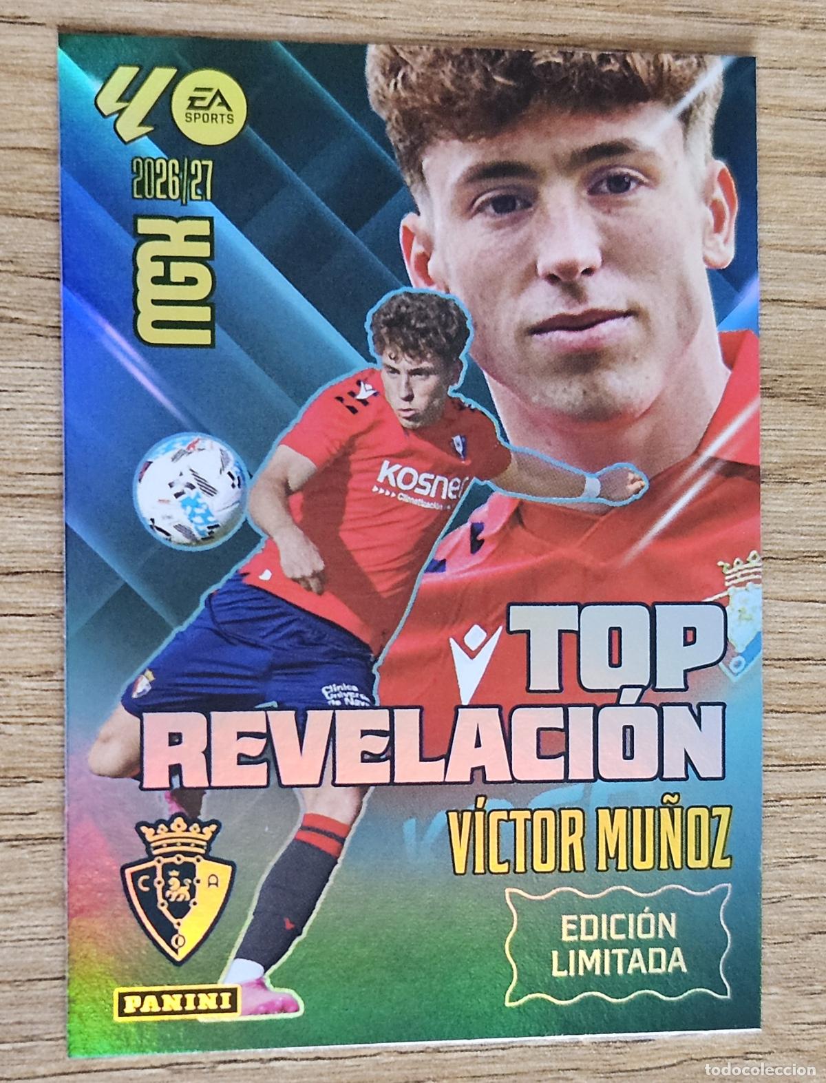 Cromos de f&uacute;tbol: V&iacute;ctor Mu&ntilde;oz (Osasuna). Cromo Megacracks 2026-2027 (26-27). Top Revelaci&oacute;n. Edici&oacute;n Limitada