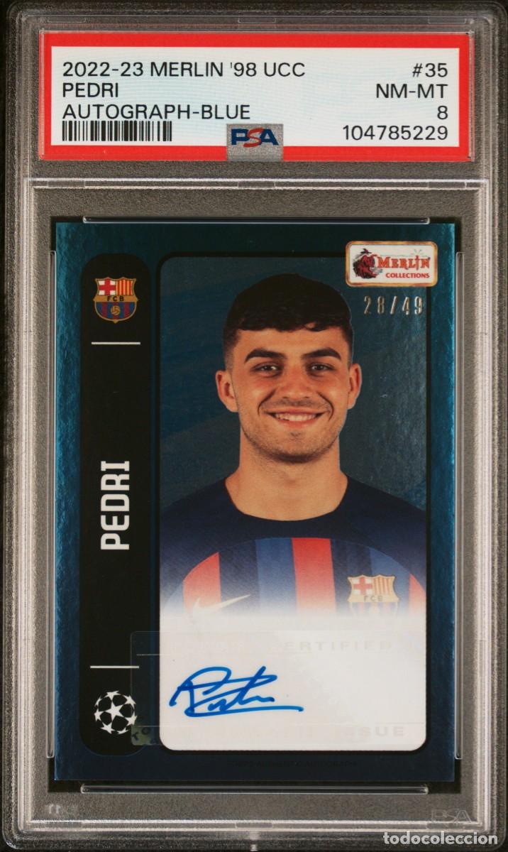 Cromos de Futebol: Pedri #35 Auto Blue 28/49 FC Barcelona Topps Merlin 98 UCC 2022 23 PSA 8