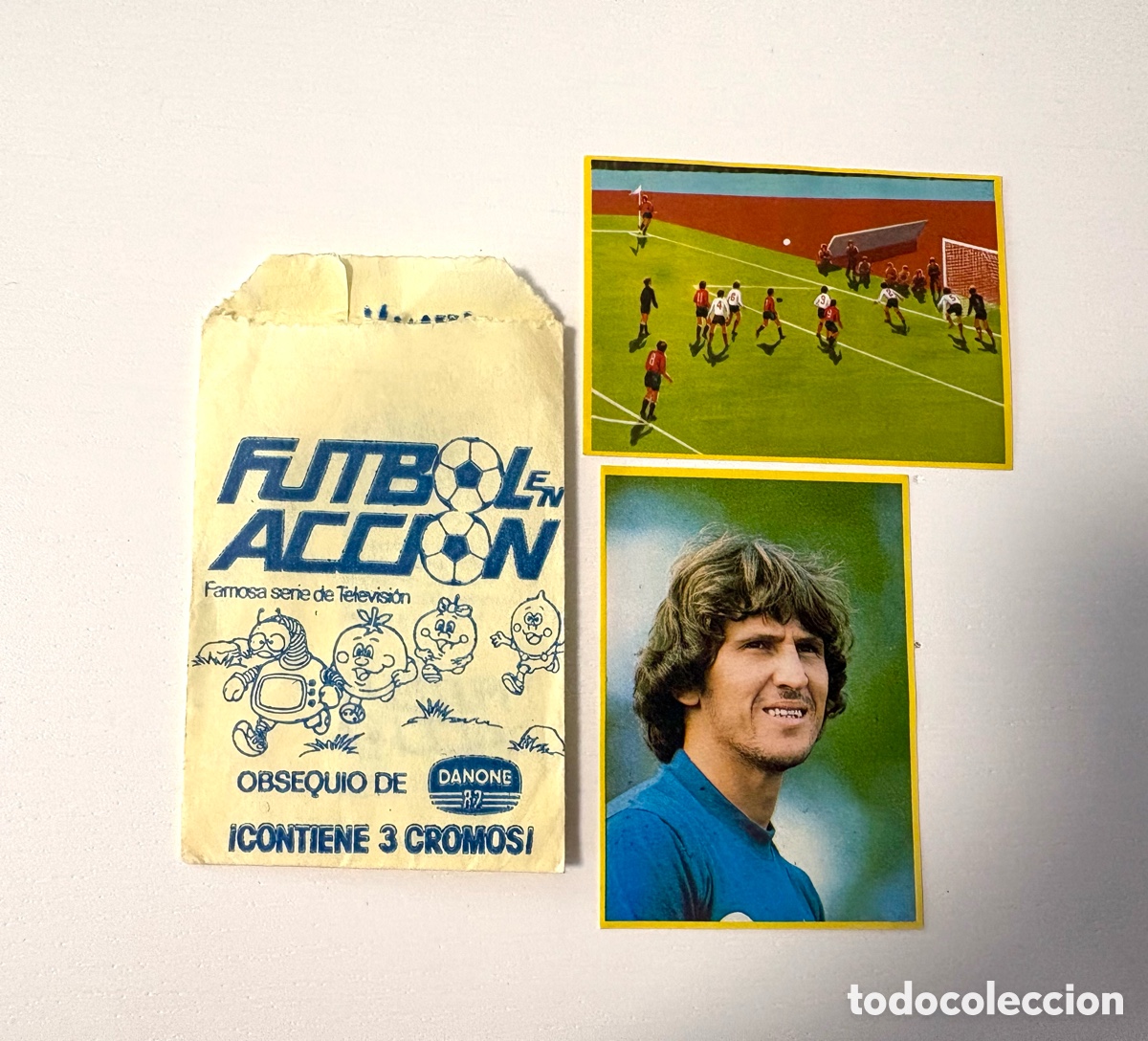 Football Stickers: Sobre de F&Uacute;TBOL EN ACCI&Oacute;N DANONE MUNDIAL 82 ESPA&Ntilde;A M&Aacute;S ZICO 91 SIN PEGAR Y 12 SIN PEGAR