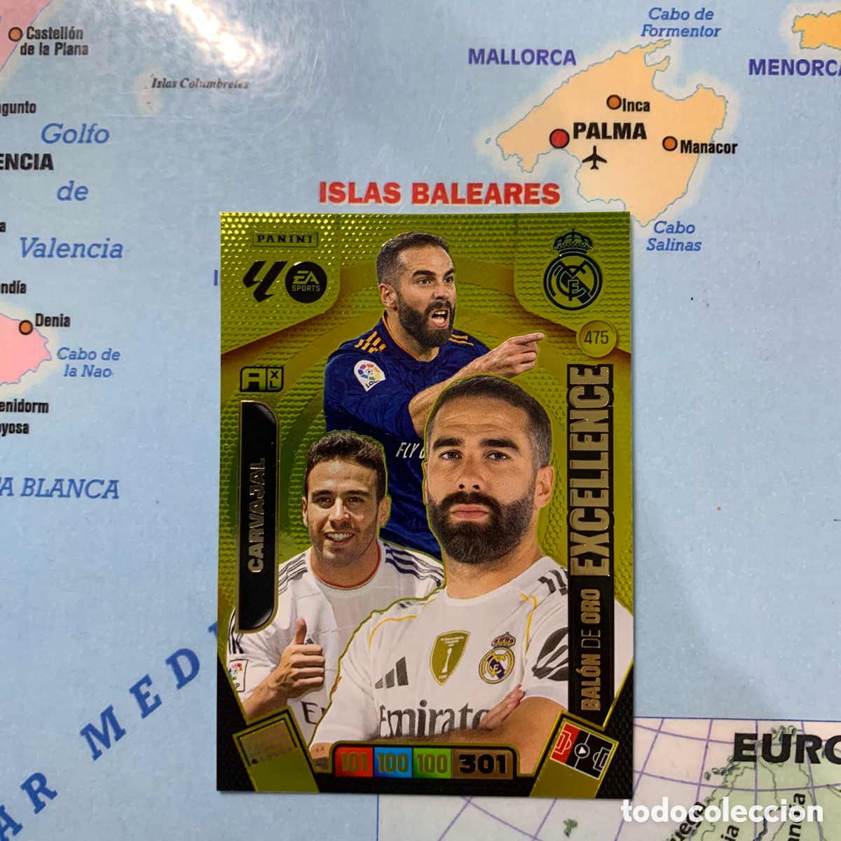 Cromos de f&uacute;tbol: Carvajal bal&oacute;n de oro Excellence n&uacute;mero 475 del Real Madrid cromo Adrenalyn XL 25-26 2025-2026