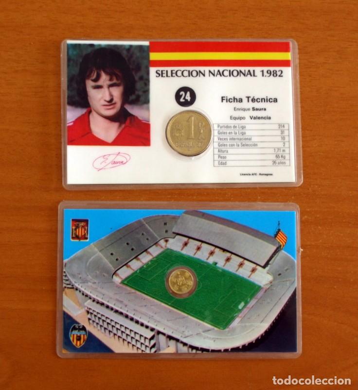 Figurine di Calcio: Selecci&oacute;n Nacional 1982, Espa&ntilde;a 82 - N&ordm; 24, Saura y Campo del Valencia - 2 Tarjetas, tama&ntilde;o 11x7