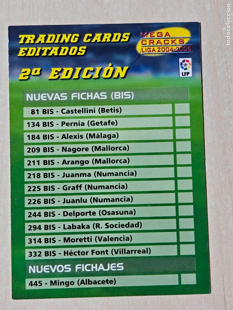 Cromos de f&uacute;tbol: MEGACRACKS 2004 2005 PANINI INDICE 2 &ordf; EDICION SEGUNDA NUEVOS FICHAJES Y BIS FUTBOL CROMO LIGA 04 05