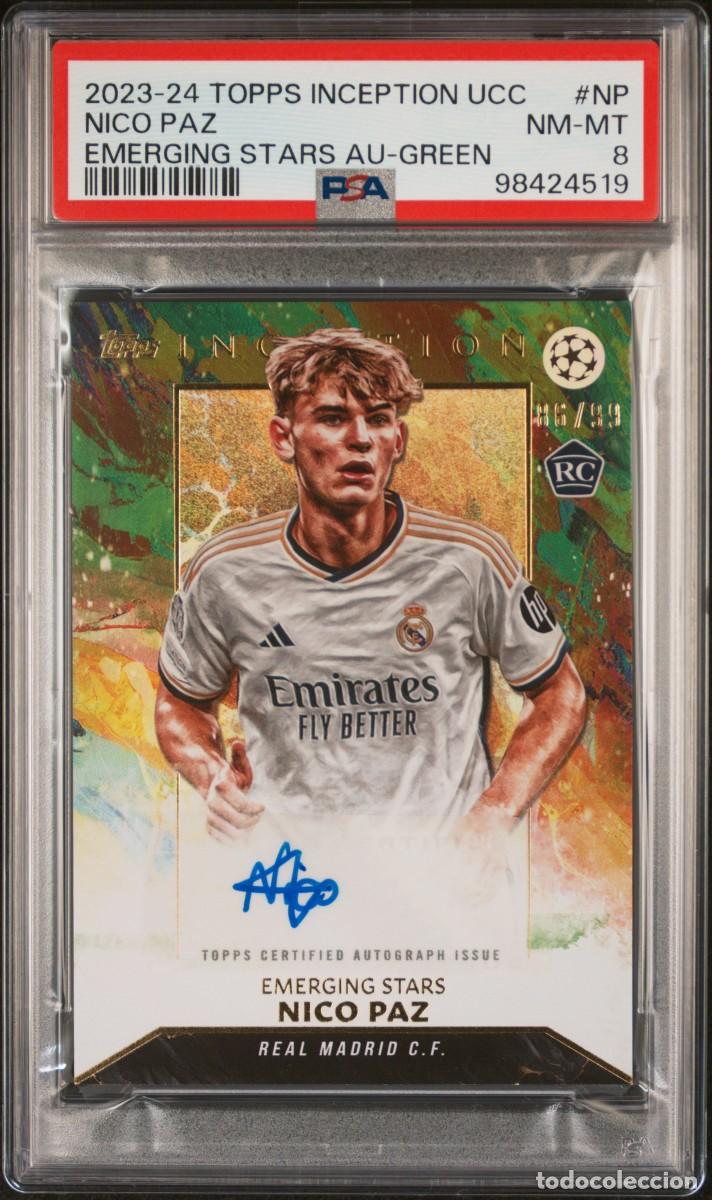 Cromos de f&uacute;tbol: Rookie Nico Paz #NP 06/99 Real Madrid Topps Inception Auto Green 2023 24 PSA 8