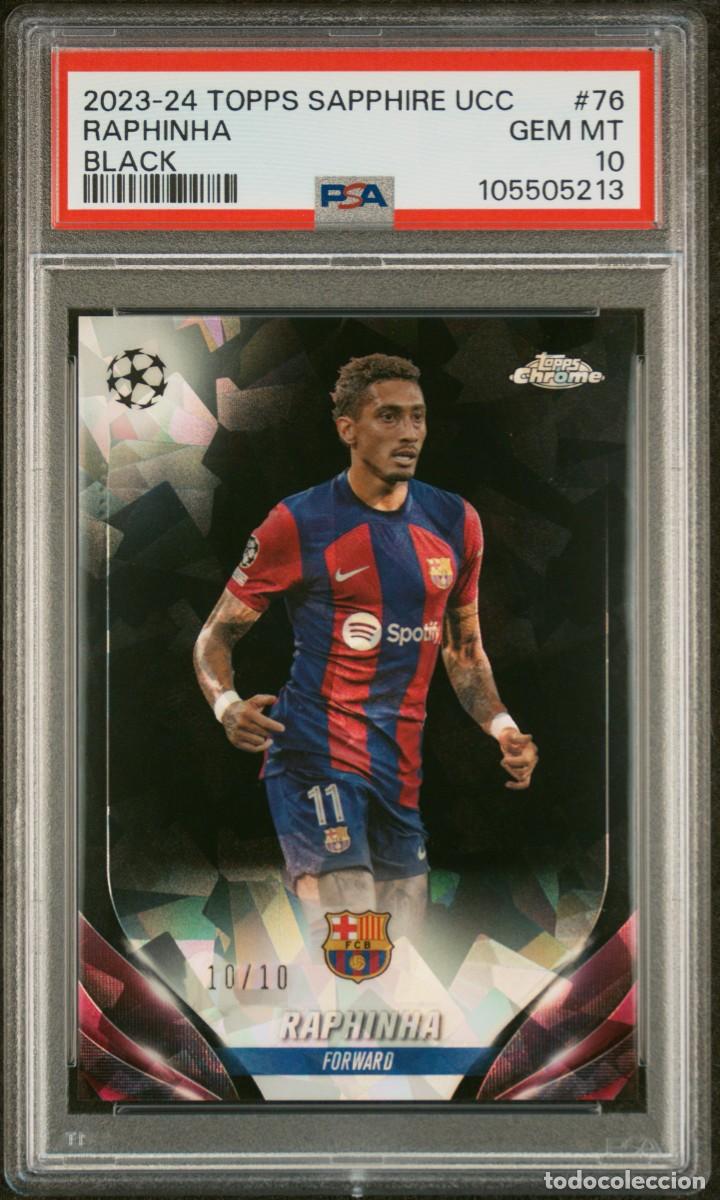 Figurine di Calcio: Raphinha #76 10/10 FC Barcelona Topps Shapphire UCC Black 2023 24 PSA 10