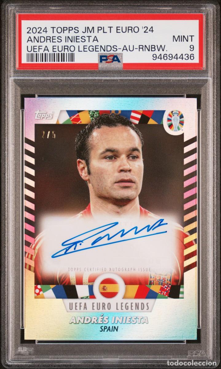 Cartes &agrave; collectionner de Football: Andres Iniesta 2/5 Espa&ntilde;a Topps JM Plata Euro Legends Autografo EURO 2024 PSA 9